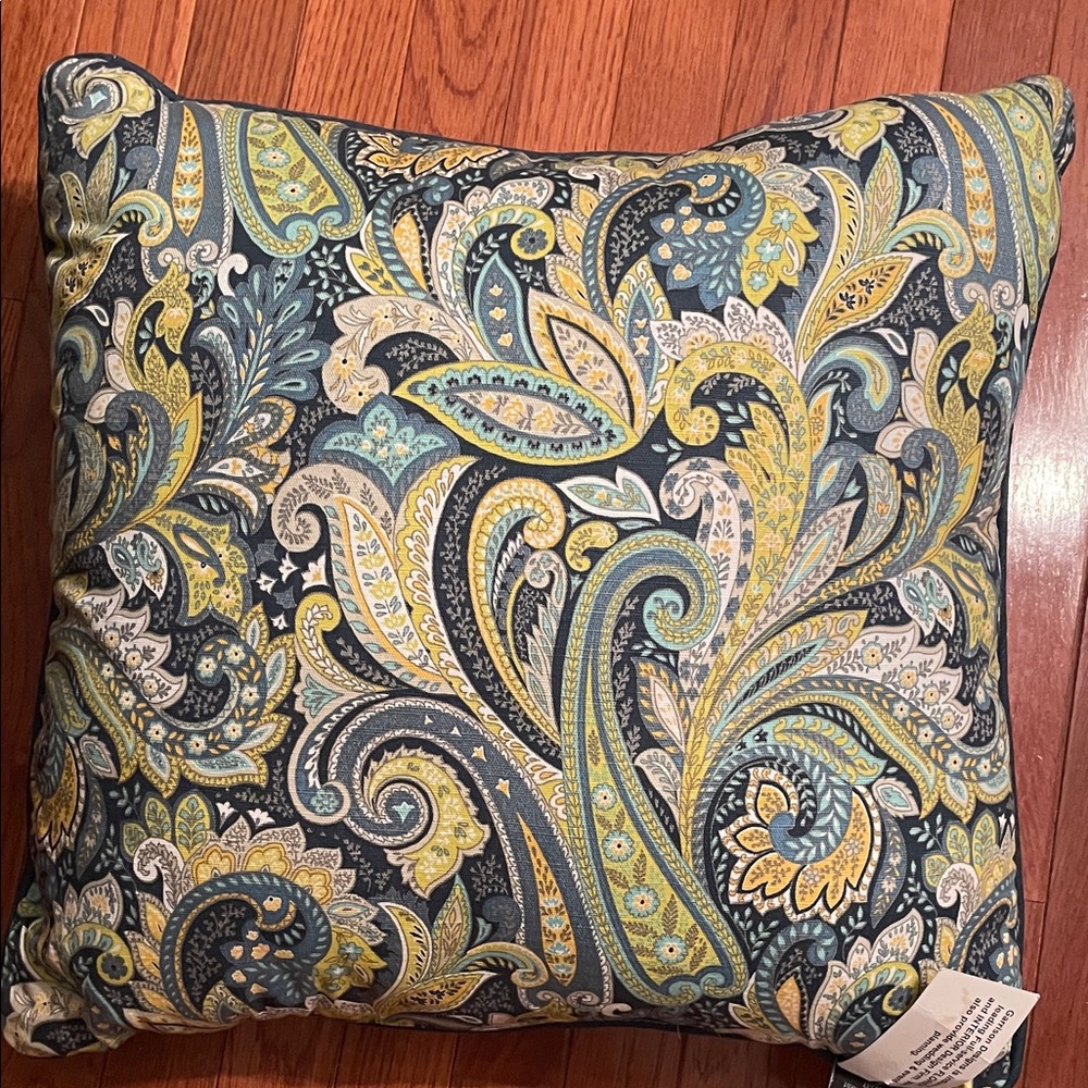 Decorative Paisley Throw Pillow in Blue, Yellow & Gray (2 16x16 in )